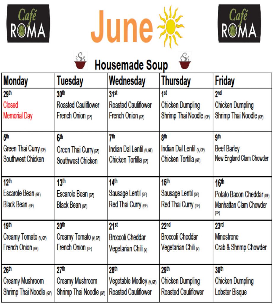 Cafe Roma June Soup Menu